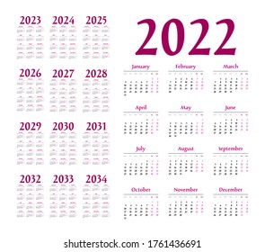 Simple calendar 2022 - 2033 on white background. Vector illustration
