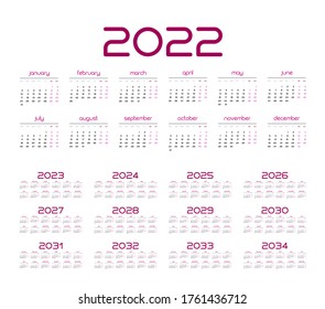 Simple calendar 2022 - 2033 on white background. Vector illustration