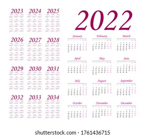 Einfaches Kalenderjahr 2022 - 2033 auf weißem Hintergrund. Vektorgrafik