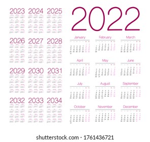 Calendario simple 2022 - 2033 sobre fondo blanco. Ilustración del vector