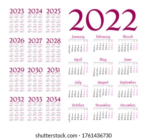 Simple calendar 2022 - 2033 on white background. Vector illustration