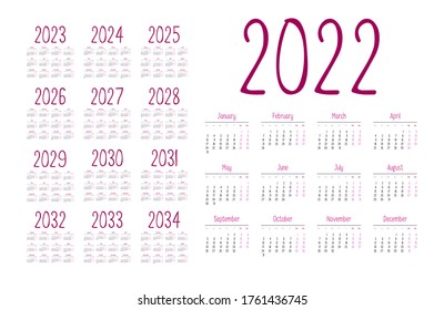 Simple calendar 2022 - 2033 on white background. Vector illustration