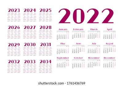 Simple calendar 2022 - 2033 on white background. Vector illustration