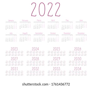 Simple calendar 2022 - 2033 on white background. Vector illustration