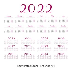 Simple calendar 2022 - 2033 on white background. Vector illustration