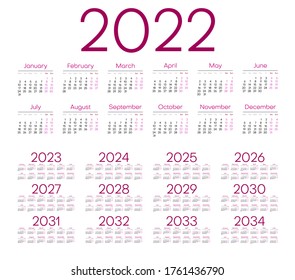 Simple calendar 2022 - 2033 on white background. Vector illustration