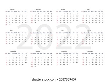 simple calendar for 2022 with English names on white background for US, two thousand twenty-second year