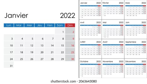 Simple Calendar 2022 on French language, week start on Monday. Vector template