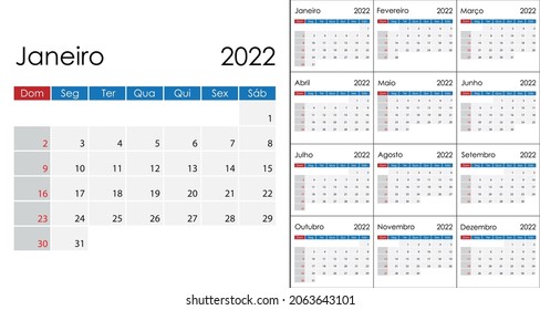 Simple Calendar 2022 on Portuguese language, week start on Sunday. Vector template