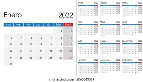 Simple Calendar 2022 on Spanish language, week start on Monday. Vector template