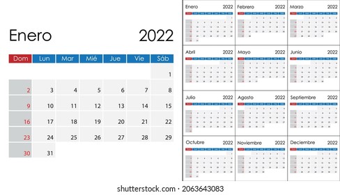 Simple Calendar 2022 on Spanish language, week start on Sunday. Vector template