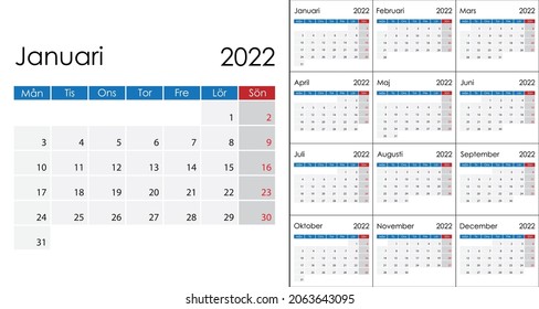 Calendario simple 2022 en sueco, la semana comienza el lunes. Plantilla de vector