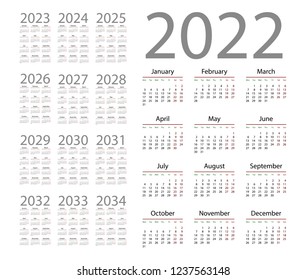 Simple calendar 2022 on white background. Vector illustration