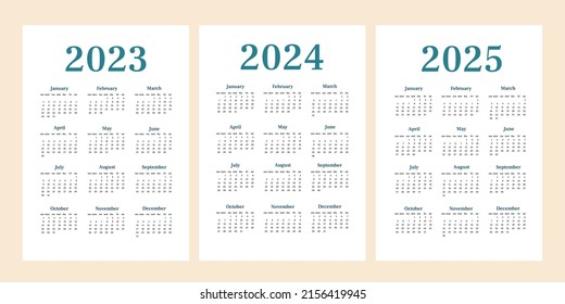 Simple Calendar 2023, 2024,2025 Set. Vertical One Sheet With All Monthes. Week Start On Sunday. A4 A3 A2 A5. Vector Minimalistic Design