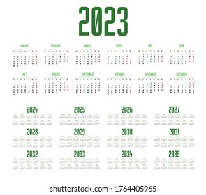 Simple calendar 2023 - 2034 on white background. Vector illustration