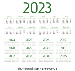 Simple calendar 2023 - 2034 on white background. Vector illustration