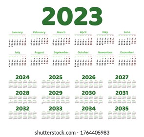 Simple calendar 2023 - 2034 on white background. Vector illustration