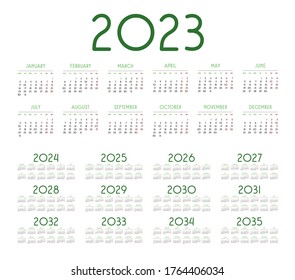 Simple calendar 2023 - 2034 on white background. Vector illustration