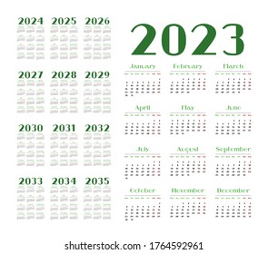Calendario simple 2023 - 2035 sobre fondo blanco. Ilustración del vector