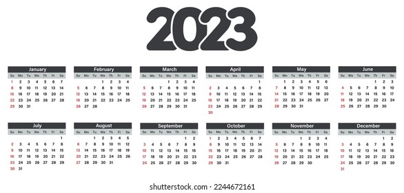 Simple calendar 2023 design template.Week starts on sunday.