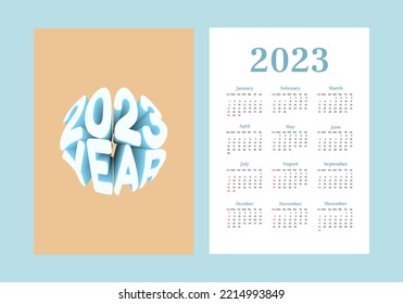Simple Calendar 2023. Vertical One Sheet With All Monthes And Cover. Week Start On Sunday. A4 A3 A2 A5. Vector Design In Retro Style