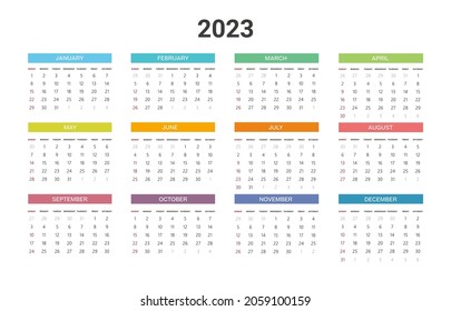 Einfaches Kalenderjahr 2023. Die Woche beginnt am Sonntag.