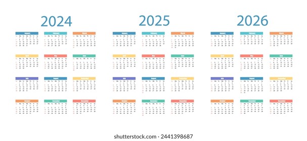 Simple Calendar 2024, 2025, 2026. Week Starts on Sunday. Stationary Template with 12 Months.