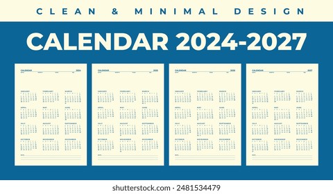 Simple calendar 2024, 2025, 2026, 2027 in clean and minimal design