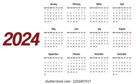 Simple Calendar 2024 on a white background