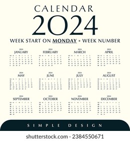 Simple calendar 2024 template, Week number, Week start in monday, Simple and minimal design