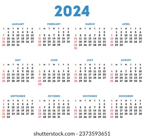 Einfaches Kalenderjahr 2024. Vektorgrafik.