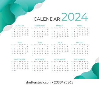 Simple calendar for 2024 year. vector template. desk calendar, Week starts from Sunday
