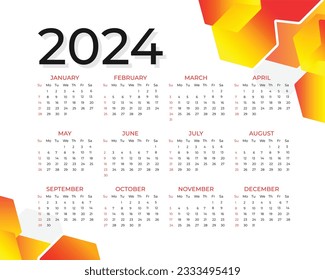 Simple calendar for 2024 year. vector template. desk calendar, Week starts from Sunday