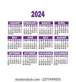 Simple Calendar for 2024 year. Week starts from Monday. Vector Illustration
