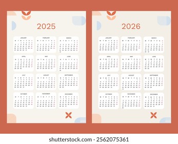 Simple calendar 2025, 2026 year, week starts on Monday. Corporative geometric wall calendar for office