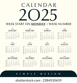 Simple calendar 2025 template, Week number, Week start in monday, Simple and minimal design