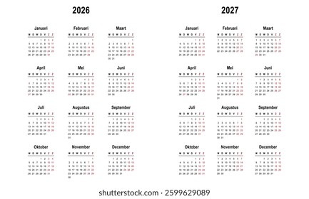Simple Calendar 2026, 2027 on Dutch languag with public holidays the country of Netherlands, week start on Monday. Vector graphics