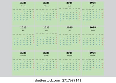 
Calendario sencillo de 2026. 2026 Calendario mensual de Plantilla con disposición Horizontal. Vector transparente