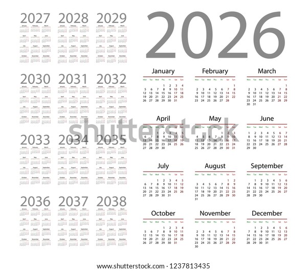 Simple Calendar 2026 On White Background 스톡 벡터(로열티 프리) 1237813435