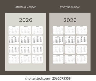 Simple calendar for 2026 in two versions - week starts on Sunday and Monday. Portrait design template