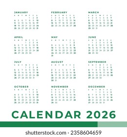 Simple calendar 2026, week start sunday template.