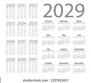 Simple calendar 2029 on white background. Vector illustration