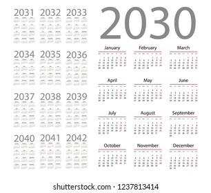 Simple calendar 2030 on white background. Vector illustration