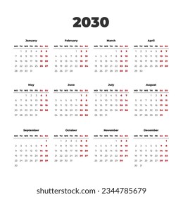 Simple calendar for 2030 year. Start on Monday