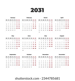 Einfaches Kalenderjahr 2031. Beginn am Montag