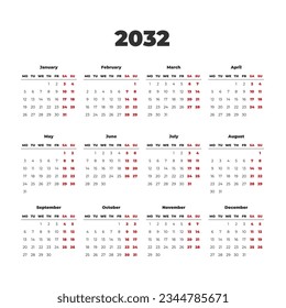 Simple calendar for 2032 year. Start on Monday svg