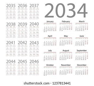Simple calendar 2034 on white background. Vector illustration