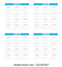 Simple calendar for 4 years 2017 2018 2019 2020. Week starts from Monday.