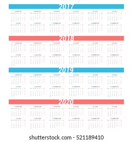 Simple calendar for 4 years 2017 2018 2019 2020. Week starts from Monday.