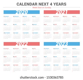 Simple calendar for 4 years 2020 2021 2022 2023. Week start on Sunday.